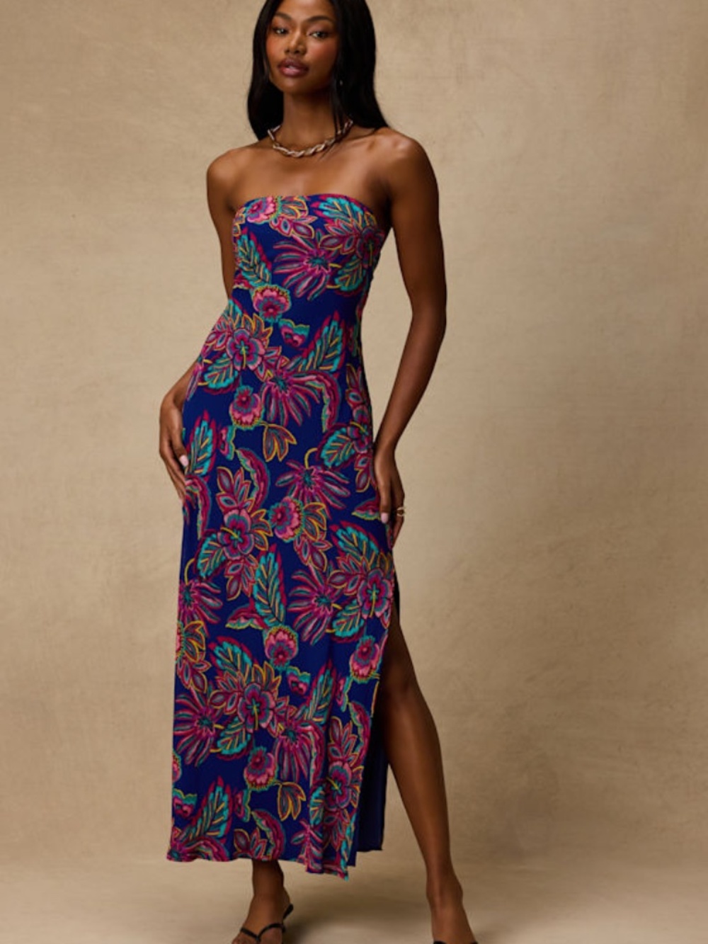 Lulus Sofia Blue Multi Boho Print Strapless Maxi Dress - Size L